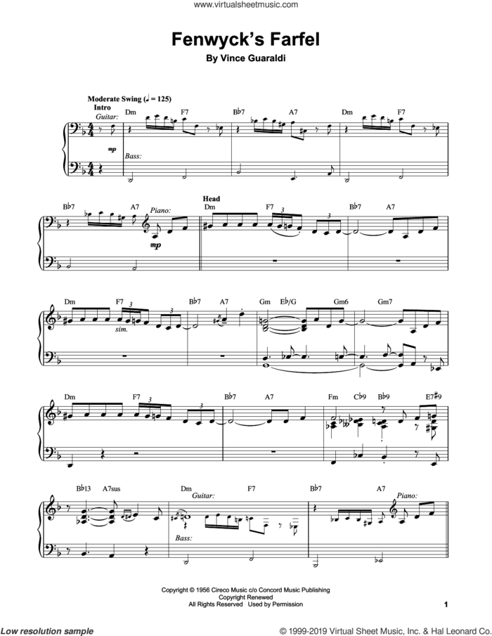 Fenwyck's Farfel sheet music for piano solo (transcription) by Vince Guaraldi, intermediate piano (transcription)