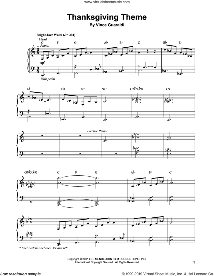 Thanksgiving Theme sheet music for piano solo (transcription) by Vince Guaraldi, intermediate piano (transcription)