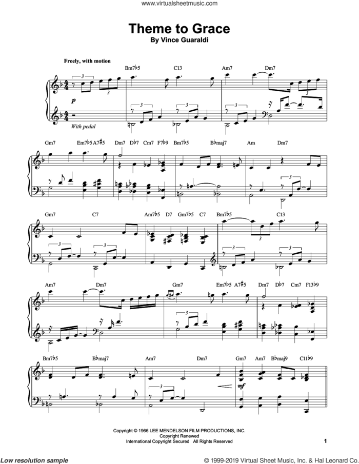 Theme To Grace sheet music for piano solo (transcription) by Vince Guaraldi, intermediate piano (transcription)