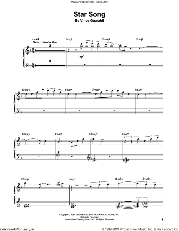 Star Song sheet music for piano solo (transcription) by Vince Guaraldi, intermediate piano (transcription)