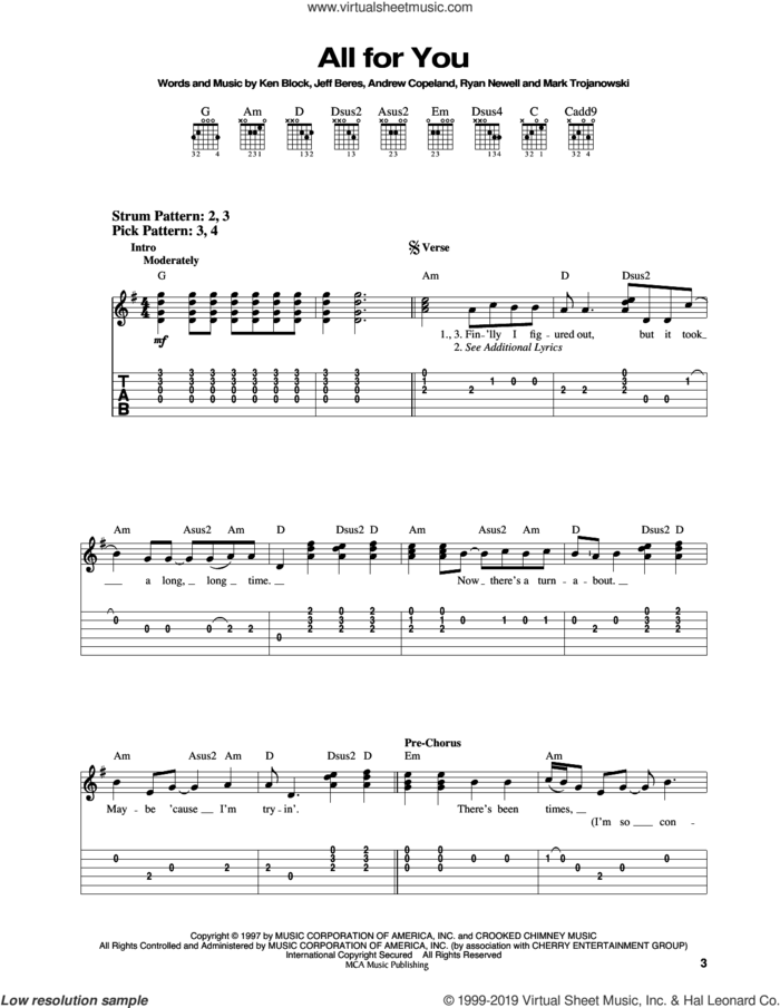 All For You sheet music for guitar solo (easy tablature) by Sister Hazel, Andrew Copeland, Jeff Beres, Ken Block, Mark Trojanowski and Ryan Newell, easy guitar (easy tablature)