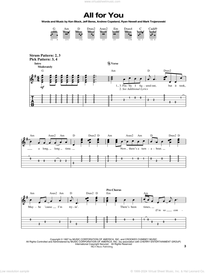 All For You sheet music for guitar solo (easy tablature) by Sister Hazel, Andrew Copeland, Jeff Beres, Ken Block, Mark Trojanowski and Ryan Newell, easy guitar (easy tablature)