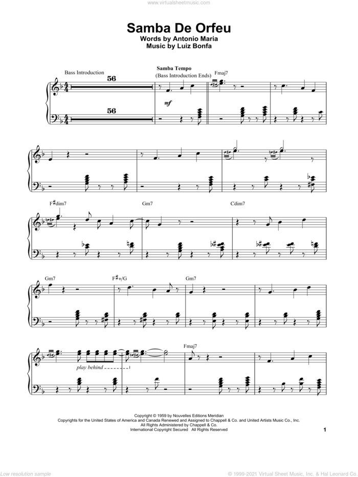 Samba De Orfeu sheet music for piano solo (transcription) by Vince Guaraldi, Antonio Maria and Luiz Bonfa, intermediate piano (transcription)