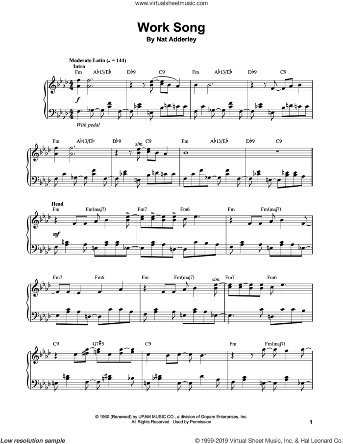 Work Song sheet music for piano solo (transcription) by Vince Guaraldi, Nat Adderley and Oscar Brown, Jr., intermediate piano (transcription)