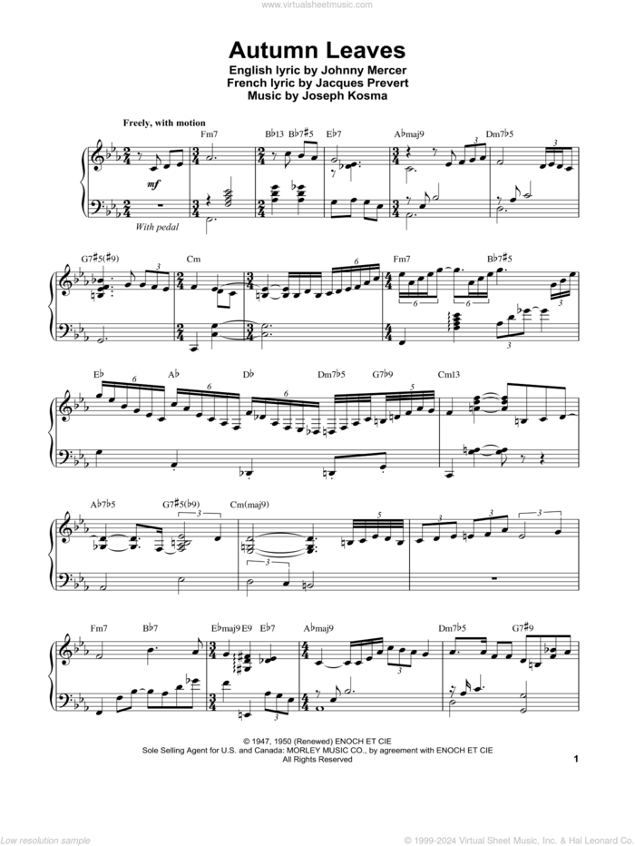 Autumn Leaves sheet music for piano solo (transcription) by Vince Guaraldi, Jacques Prevert, Johnny Mercer and Joseph Kosma, intermediate piano (transcription)