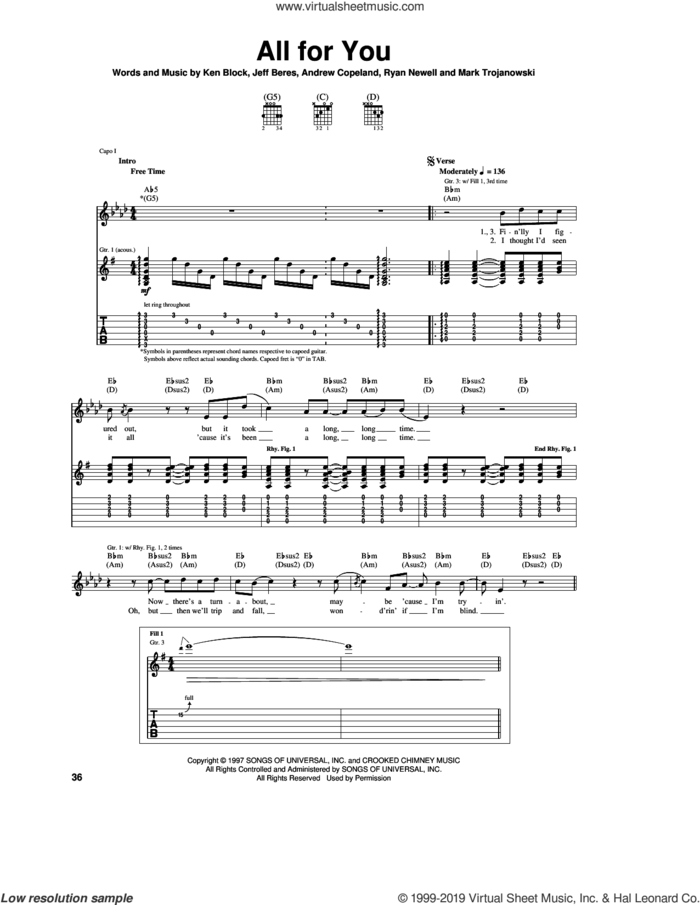 All For You sheet music for guitar (tablature) by Sister Hazel, Andrew Copeland, Jeff Beres, Ken Block, Mark Trojanowski and Ryan Newell, intermediate skill level