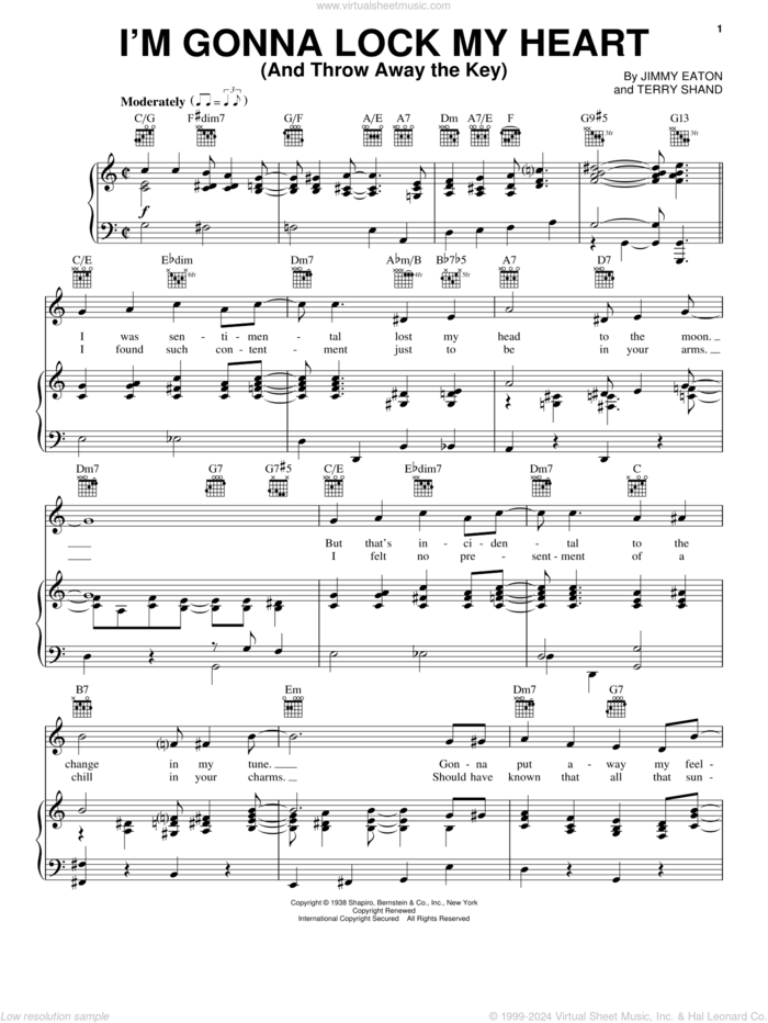 I'm Gonna Lock My Heart (And Throw Away The Key) sheet music for voice, piano or guitar by Jimmy Eaton and Terry Shand, intermediate skill level