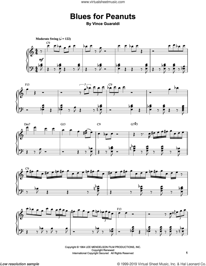 Blues For Peanuts sheet music for piano solo (transcription) by Vince Guaraldi, intermediate piano (transcription)