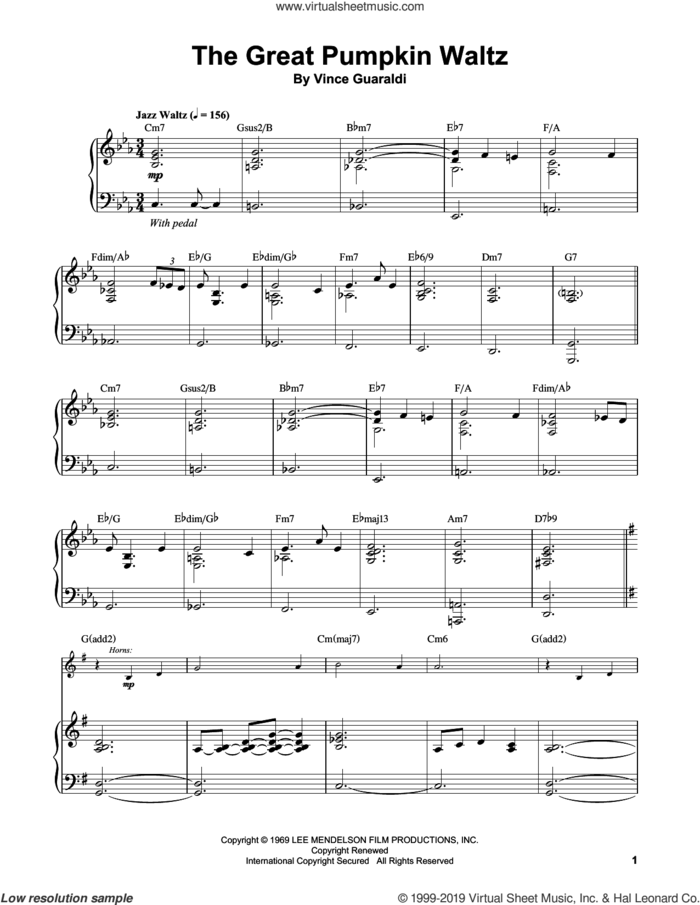 The Great Pumpkin Waltz sheet music for piano solo (transcription) by Vince Guaraldi, intermediate piano (transcription)