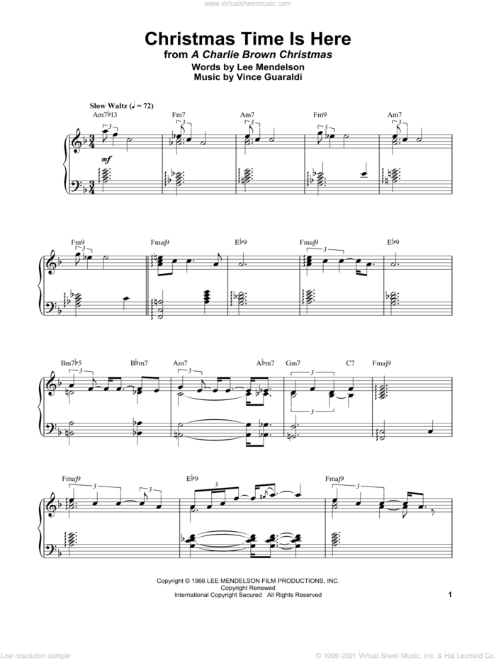 Christmas Time Is Here sheet music for piano solo (transcription) by Vince Guaraldi and Lee Mendelson, intermediate piano (transcription)