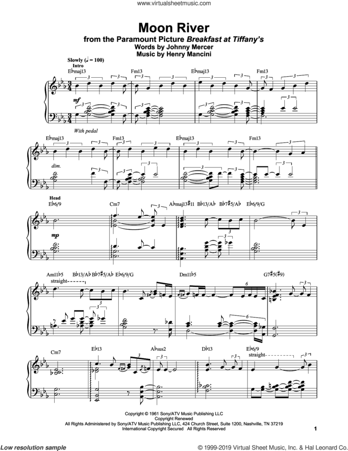 Moon River sheet music for piano solo (transcription) by Vince Guaraldi, Henry Mancini and Johnny Mercer, intermediate piano (transcription)