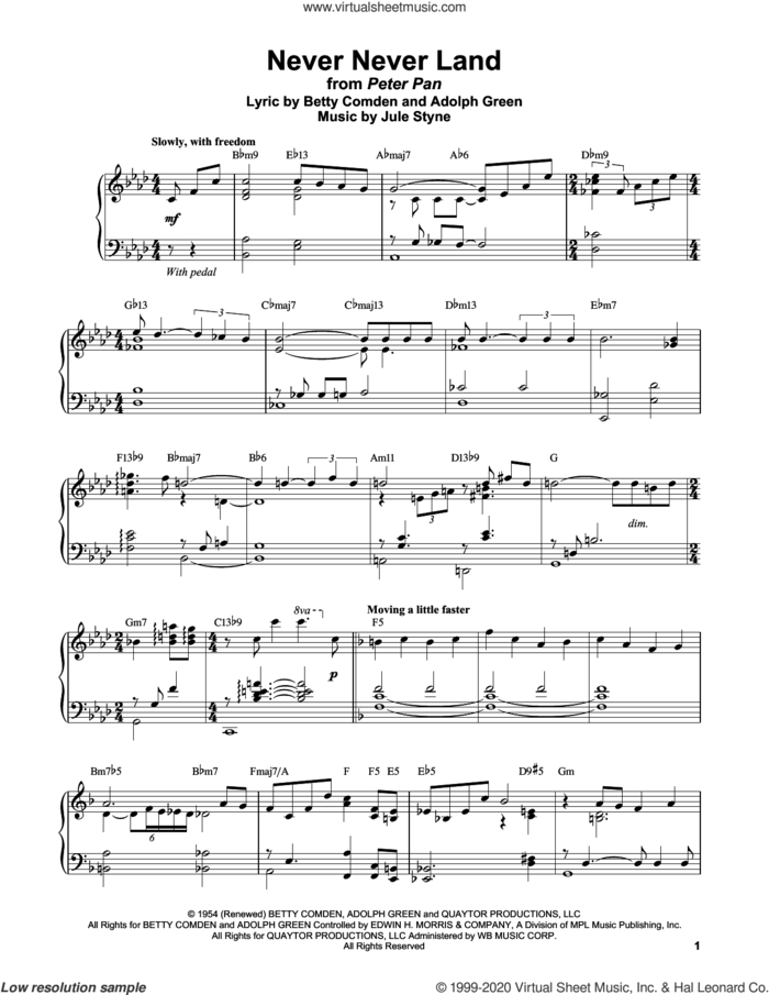 Never Never Land sheet music for piano solo (transcription) by Vince Guaraldi, Adolph Green, Betty Comden and Jule Styne, intermediate piano (transcription)