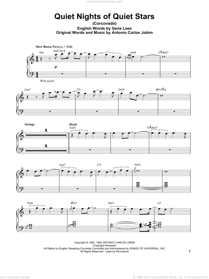 Quiet Nights Of Quiet Stars (Corcovado) sheet music for piano solo (transcription) by Vince Guaraldi, Antonio Carlos Jobim and Eugene John Lees, intermediate piano (transcription)