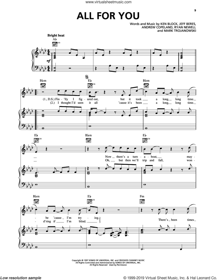 All For You sheet music for voice, piano or guitar by Sister Hazel, Andrew Copeland, Jeff Beres, Ken Block, Mark Trojanowski and Ryan Newell, intermediate skill level