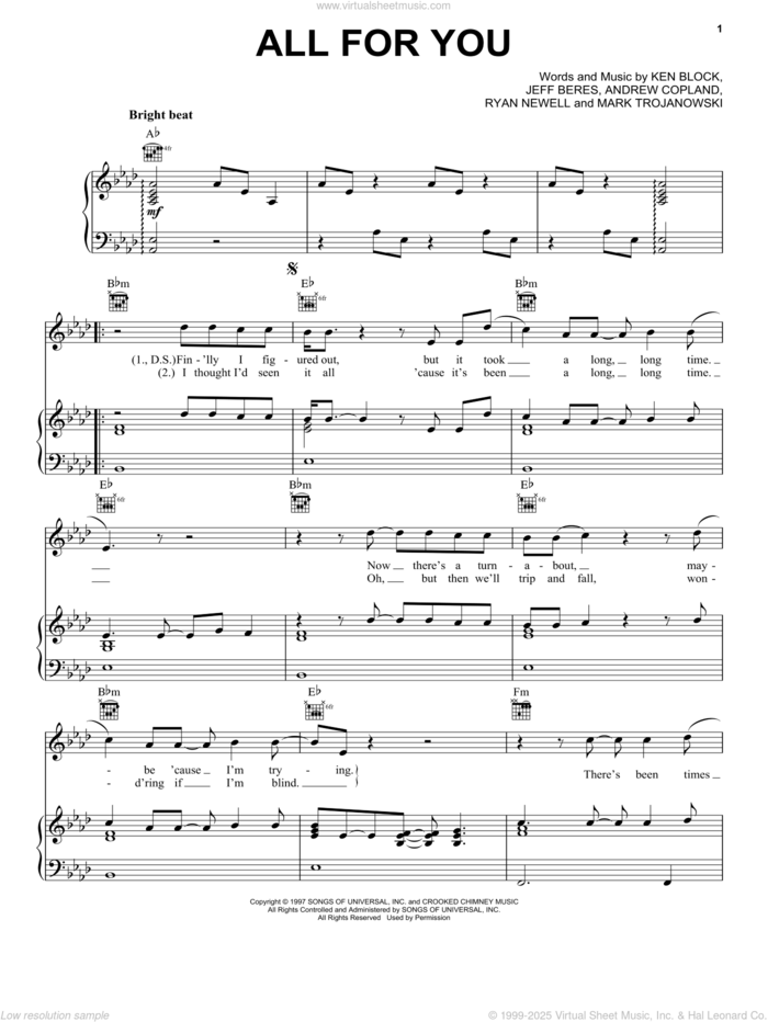 All For You sheet music for voice, piano or guitar by Sister Hazel, Andrew Copeland, Jeff Beres, Ken Block, Mark Trojanowski and Ryan Newell, intermediate skill level