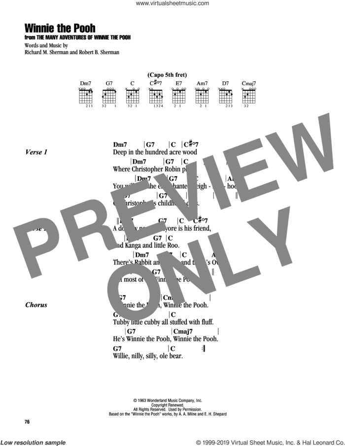 Winnie The Pooh (from The Many Adventures Of Winnie The Pooh) sheet music for guitar (chords) by Sherman Brothers, Richard M. Sherman and Robert B. Sherman, intermediate skill level