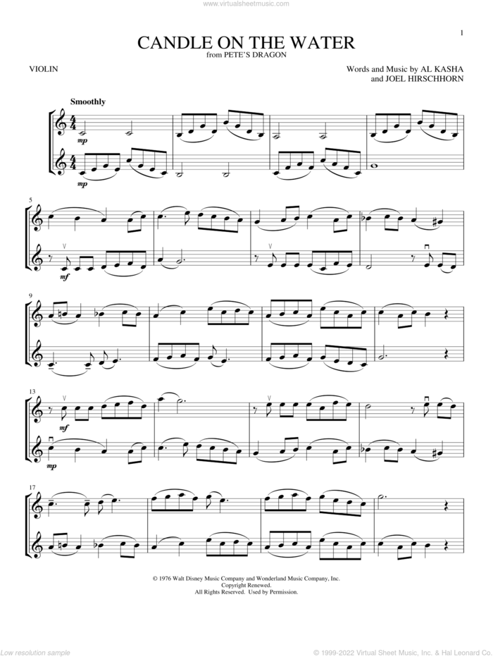 Candle On The Water (from Pete's Dragon) sheet music for two violins (duets, violin duets) by Kasha & Hirschhorn, Helen Reddy, Al Kasha and Joel Hirschhorn, intermediate skill level