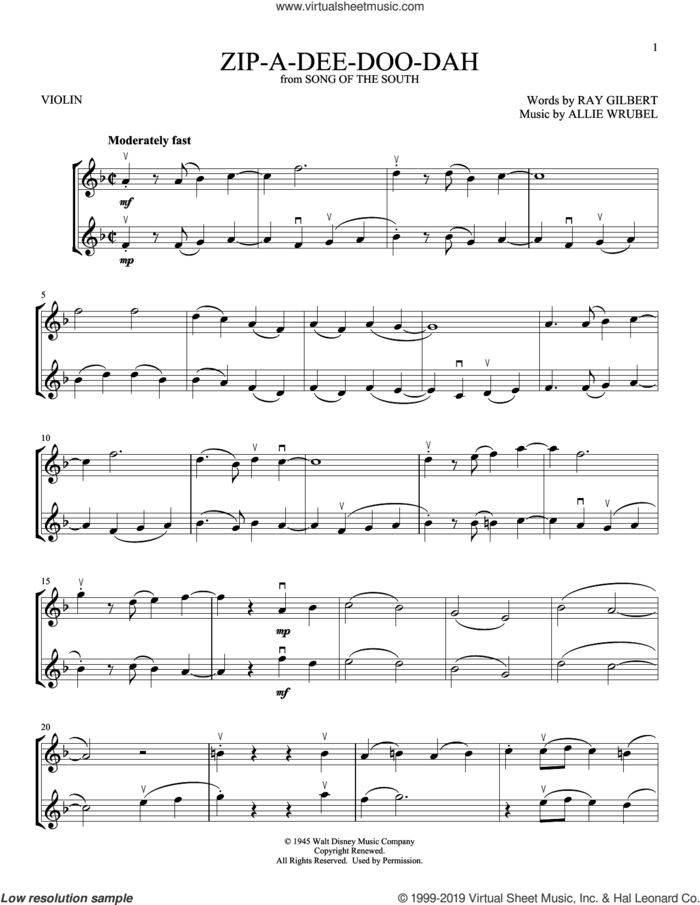 Zip-A-Dee-Doo-Dah (from Song Of The South) sheet music for two violins (duets, violin duets) by Ray Gilbert, James Baskett and Allie Wrubel, intermediate skill level