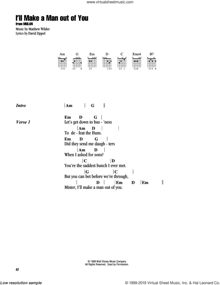 I'll Make A Man Out Of You (from Mulan) sheet music for guitar (chords) by David Zippel and Matthew Wilder, intermediate skill level