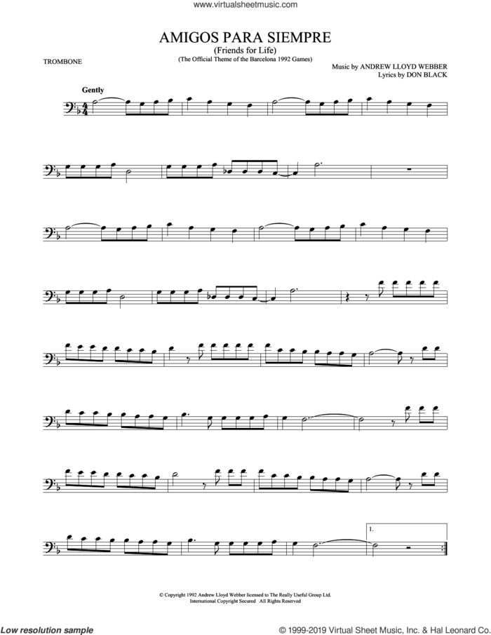 Amigos Para Siempre (Friends For Life) sheet music for trombone solo by Andrew Lloyd Webber and Don Black, intermediate skill level