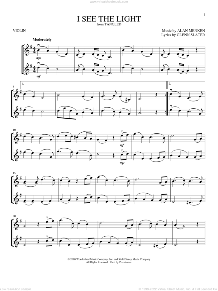 I See The Light (from Tangled) sheet music for two violins (duets, violin duets) by Alan Menken and Glenn Slater, intermediate skill level