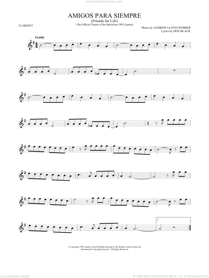 Amigos Para Siempre (Friends For Life) sheet music for clarinet solo by Andrew Lloyd Webber and Don Black, intermediate skill level