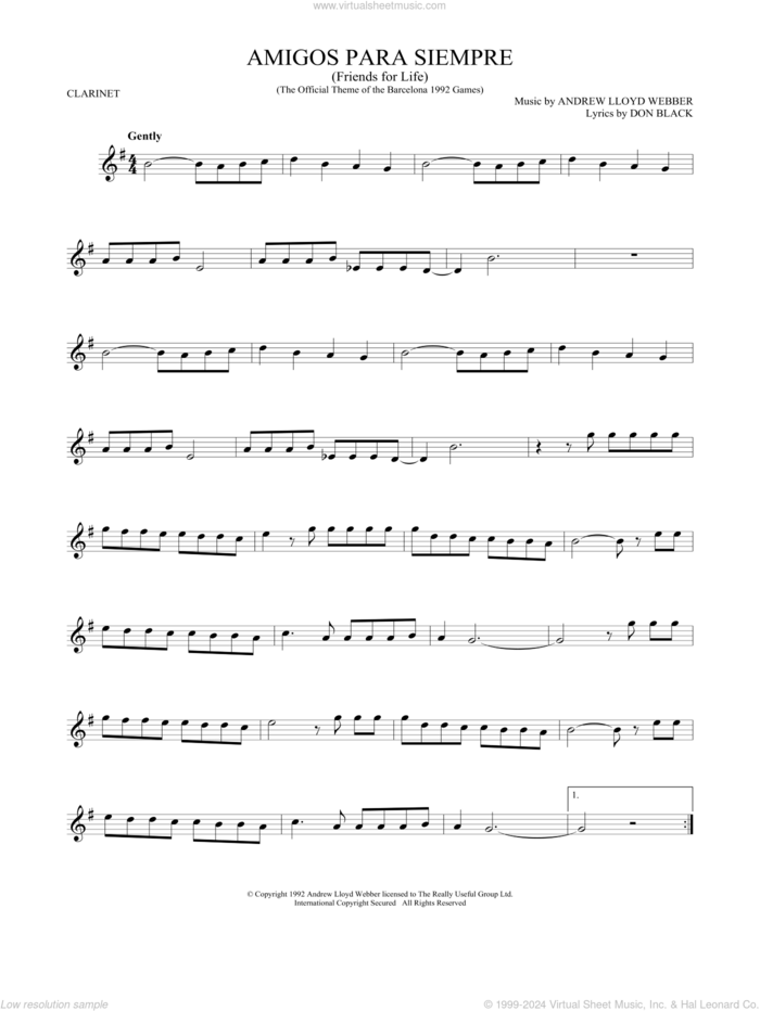 Amigos Para Siempre (Friends For Life) sheet music for clarinet solo by Andrew Lloyd Webber and Don Black, intermediate skill level