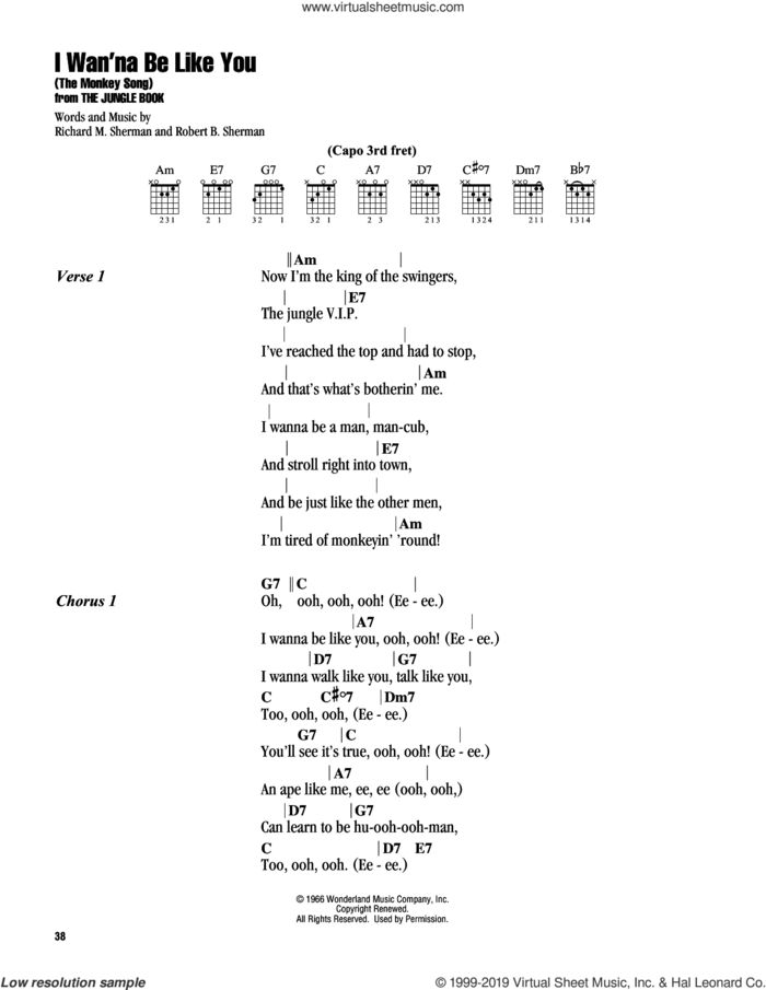 I Wan'na Be Like You (The Monkey Song) (from The Jungle Book) sheet music for guitar (chords) by Sherman Brothers, Richard M. Sherman and Robert B. Sherman, intermediate skill level