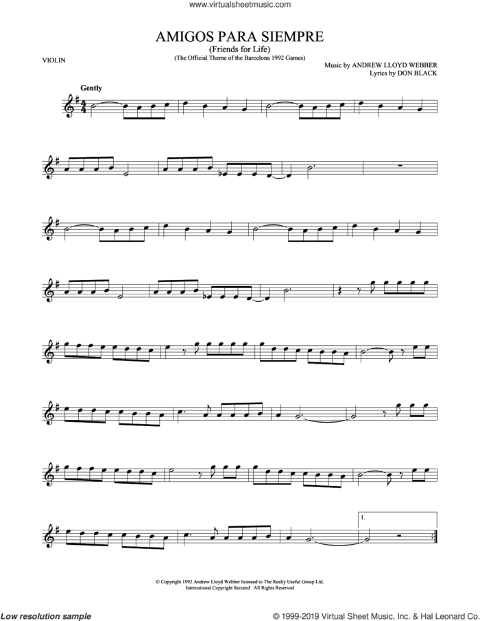 Amigos Para Siempre (Friends For Life) sheet music for violin solo by Andrew Lloyd Webber and Don Black, intermediate skill level