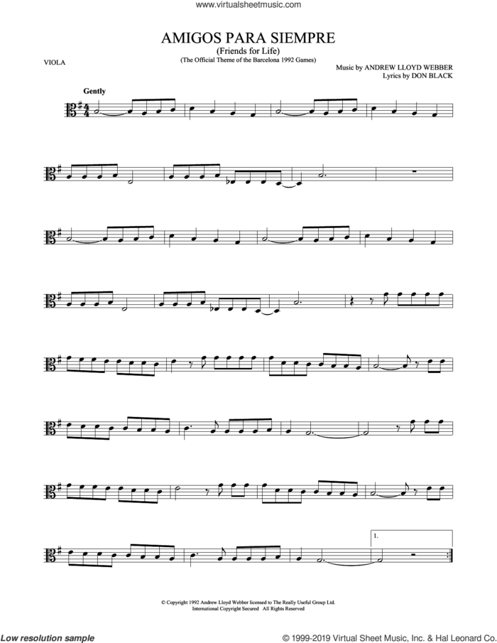 Amigos Para Siempre (Friends For Life) sheet music for viola solo by Andrew Lloyd Webber and Don Black, intermediate skill level