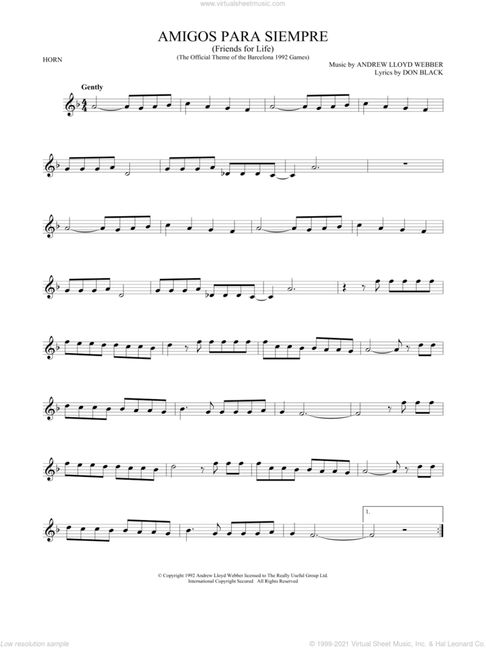 Amigos Para Siempre (Friends For Life) sheet music for horn solo by Andrew Lloyd Webber and Don Black, intermediate skill level