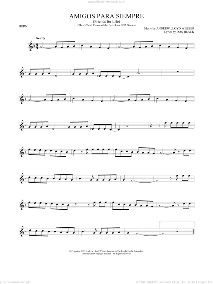 Amigos Para Siempre (Friends For Life) sheet music for horn solo by Andrew Lloyd Webber and Don Black, intermediate skill level