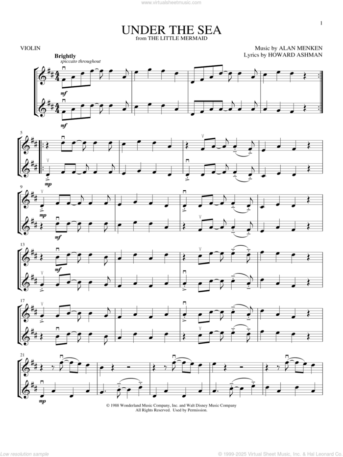 Under The Sea (from The Little Mermaid) sheet music for two violins (duets, violin duets) by Alan Menken and Howard Ashman, intermediate skill level