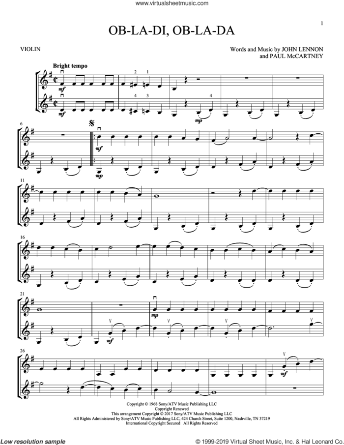 Ob-La-Di, Ob-La-Da sheet music for two violins (duets, violin duets) by The Beatles, John Lennon and Paul McCartney, intermediate skill level