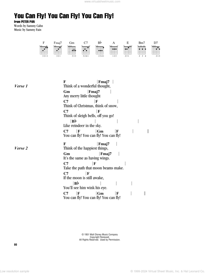 You Can Fly! You Can Fly! You Can Fly! (from Peter Pan) sheet music for guitar (chords) by Sammy Cahn and Sammy Fain, intermediate skill level