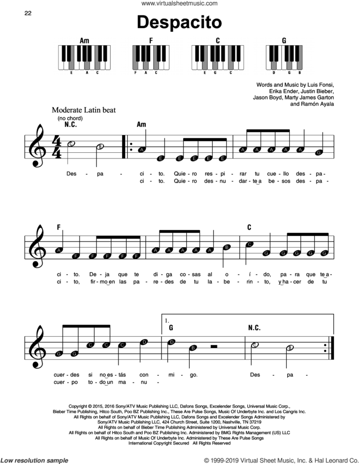 Despacito sheet music for piano solo by Luis Fonsi & Daddy Yankee, Luis Fonsi & Daddy Yankee feat. Justin Bieber, Erika Ender, Luis Fonsi and Ramon Ayala, beginner skill level