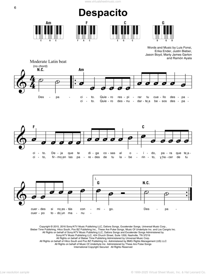 Despacito sheet music for piano solo by Luis Fonsi & Daddy Yankee, Luis Fonsi & Daddy Yankee feat. Justin Bieber, Erika Ender, Luis Fonsi and Ramon Ayala, beginner skill level