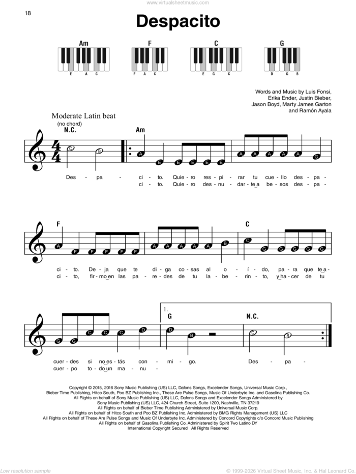 Despacito sheet music for piano solo by Luis Fonsi & Daddy Yankee, Luis Fonsi & Daddy Yankee feat. Justin Bieber, Erika Ender, Luis Fonsi and Ramon Ayala, beginner skill level