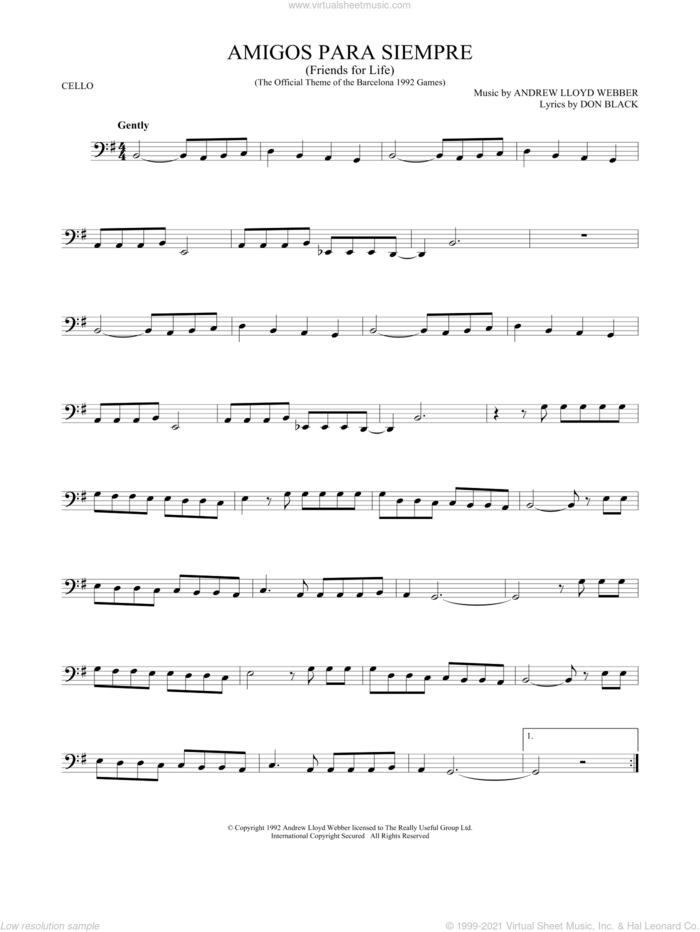 Amigos Para Siempre (Friends For Life) sheet music for cello solo by Andrew Lloyd Webber and Don Black, intermediate skill level