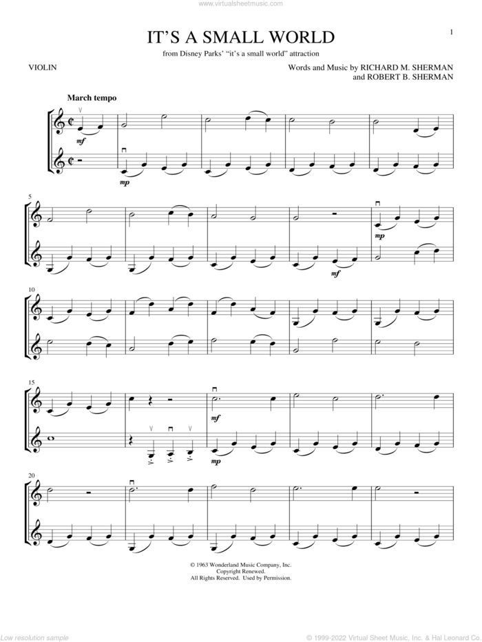 It's A Small World sheet music for two violins (duets, violin duets) by Sherman Brothers, Richard M. Sherman and Robert B. Sherman, intermediate skill level