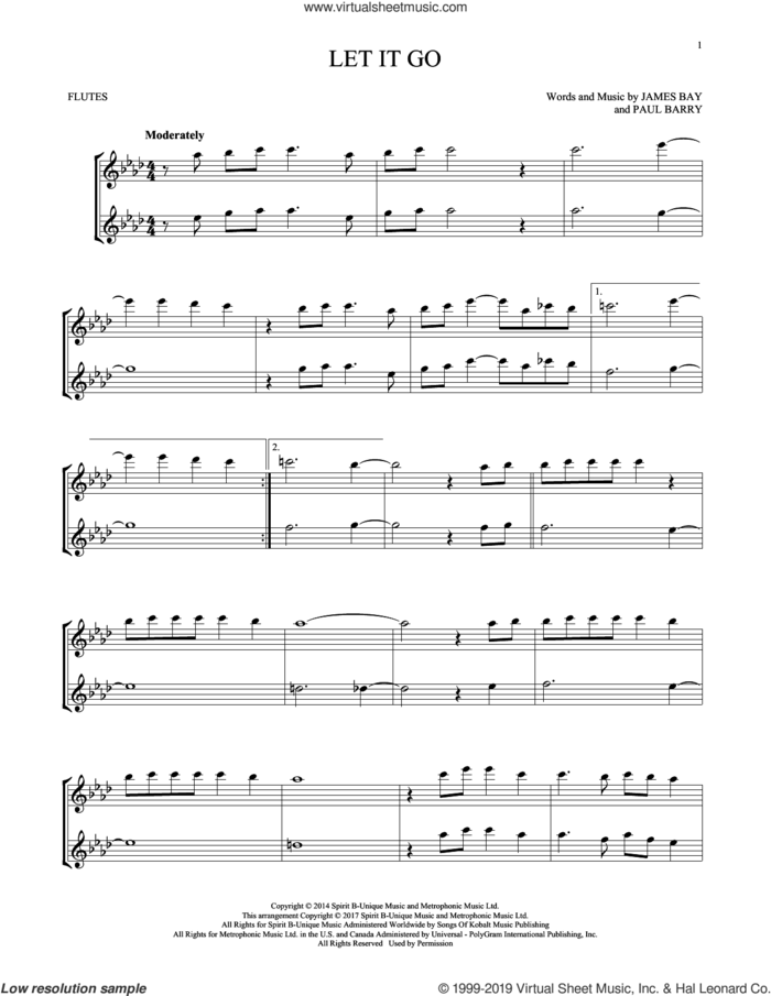 Let It Go sheet music for two flutes (duets) by James Bay and Paul Barry, intermediate skill level