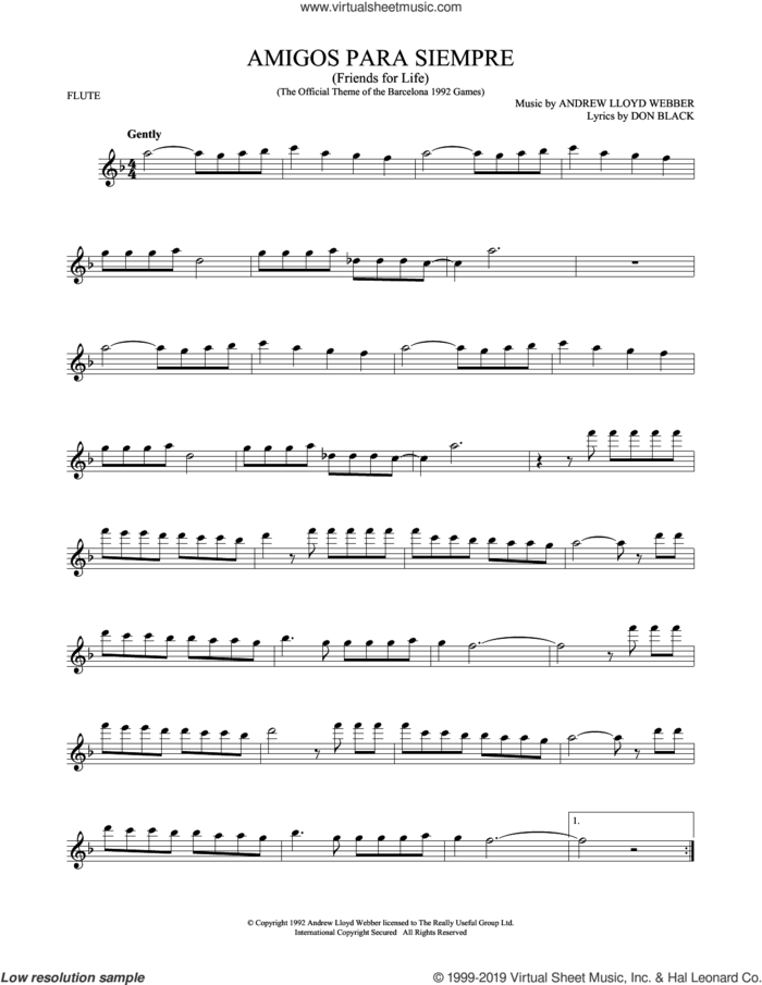 Amigos Para Siempre (Friends For Life) sheet music for flute solo by Andrew Lloyd Webber and Don Black, intermediate skill level