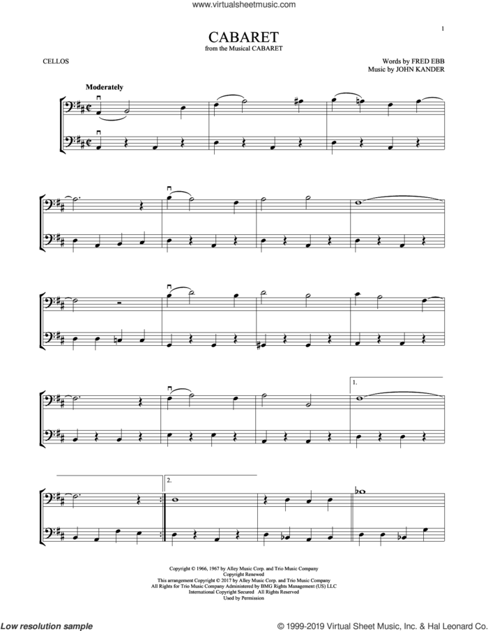 Cabaret sheet music for two cellos (duet, duets) by Kander & Ebb, Fred Ebb and John Kander, intermediate skill level