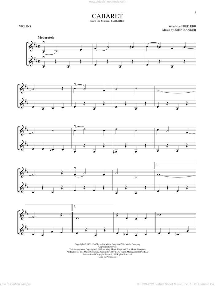 Cabaret sheet music for two violins (duets, violin duets) by Kander & Ebb, Fred Ebb and John Kander, intermediate skill level