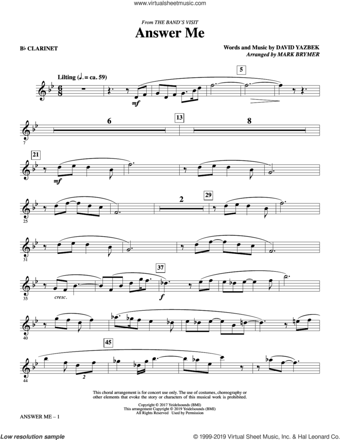 Answer Me (from The Band's Visit) (arr. Mark Brymer) (complete set of parts) sheet music for orchestra/band by David Yazbek and Mark Brymer, intermediate skill level