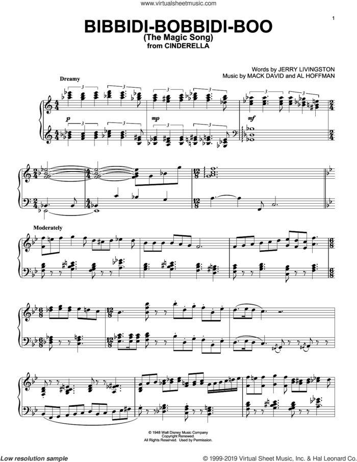 Bibbidi-Bobbidi-Boo (The Magic Song) (from Cinderella) sheet music for piano solo by Mack David, Al Hoffman and Jerry Livingston, intermediate skill level