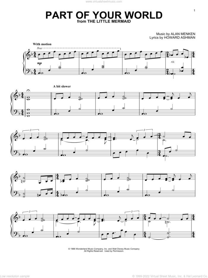 Part Of Your World (from The Little Mermaid), (intermediate) sheet music for piano solo by Alan Menken, Alan Menken & Howard Ashman and Howard Ashman, intermediate skill level