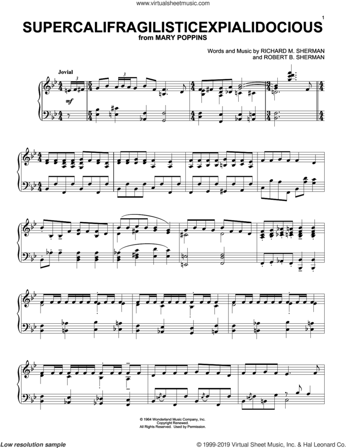 Supercalifragilisticexpialidocious (from Mary Poppins) sheet music for piano solo by Sherman Brothers, Richard M. Sherman and Robert B. Sherman, intermediate skill level