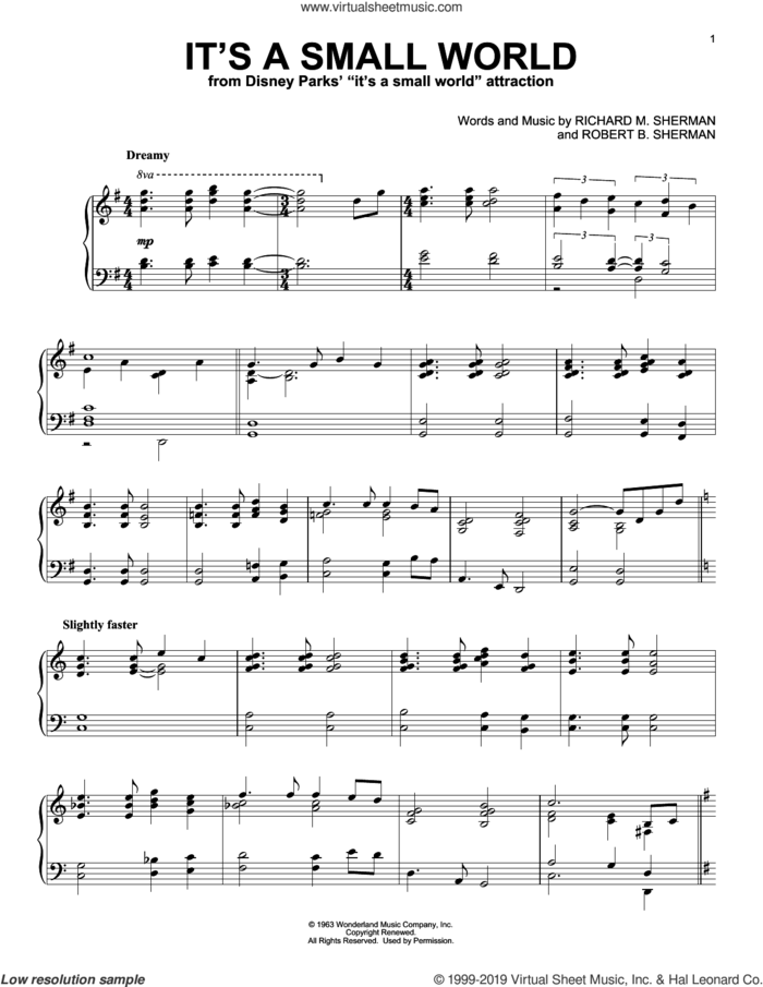 It's A Small World sheet music for piano solo by Sherman Brothers, Richard M. Sherman and Robert B. Sherman, intermediate skill level