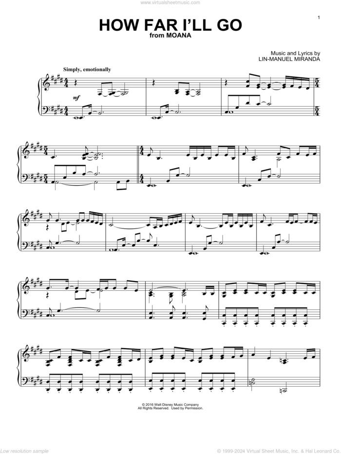 How Far I'll Go (from Moana) sheet music for piano solo by Lin-Manuel Miranda and Alessia Cara, intermediate skill level